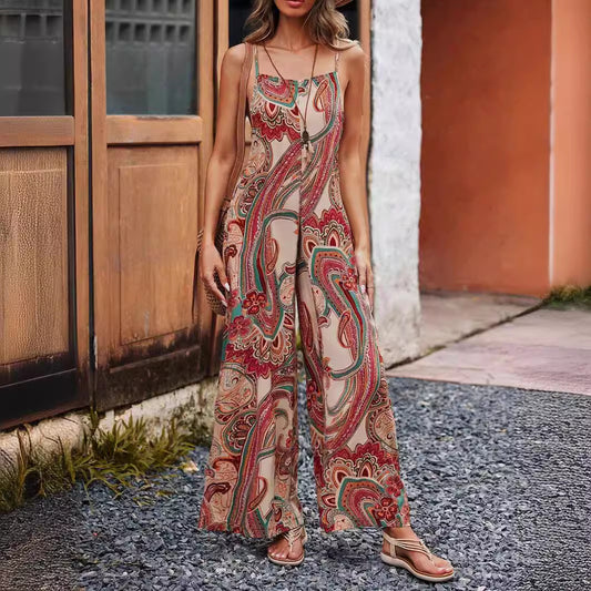 Women Casual Vacation Flower Printed Camisole Wide Leg Jumpsuits