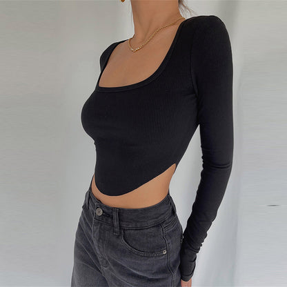 Women Fashion Casual Solid Color Square Collar Knitted Irregular Hem Long Sleeve Crop Top