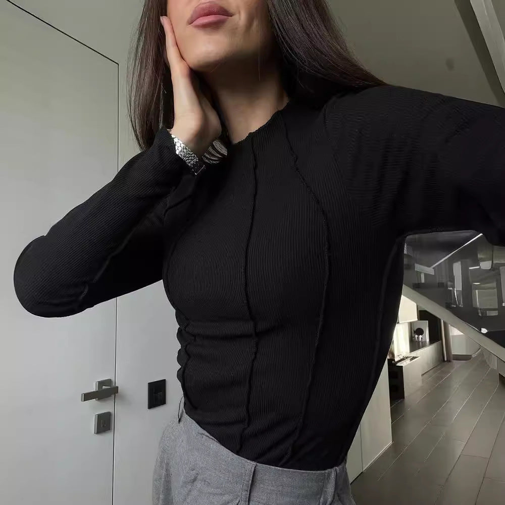 Women Fashion Casual Sexy Tight Round Neck Stripe Top
