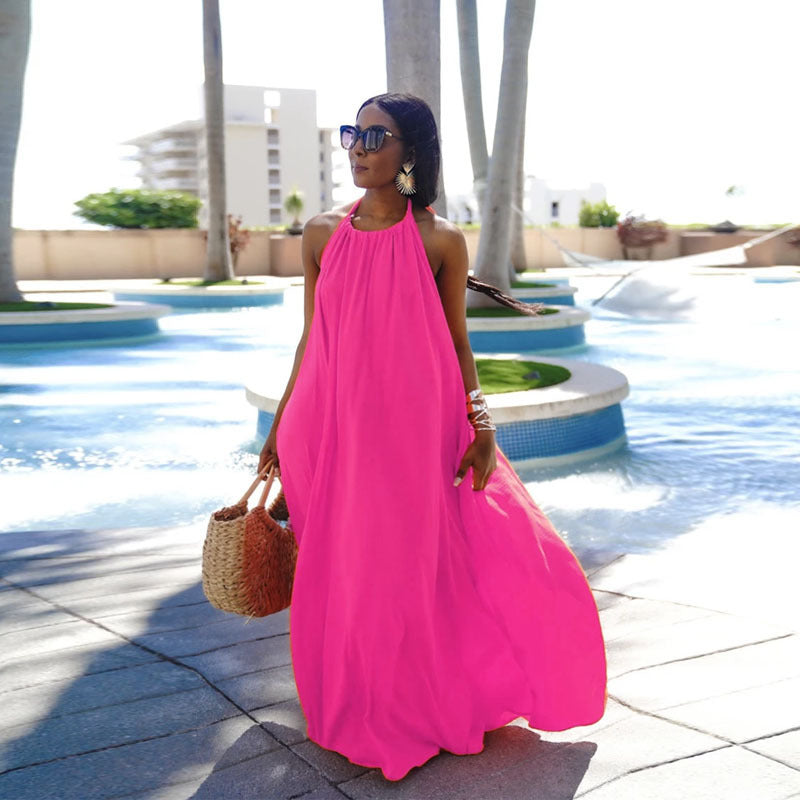 Women Fashion Casual Sleeveless Halter Neck Backless Solid Color Loose Dress