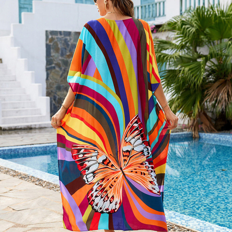 Traje de baño con estampado de mariposas multicolor para mujer, ideal para vacaciones informales en la playa