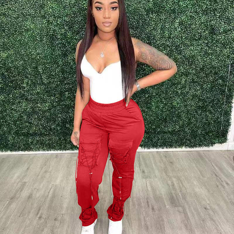 Women Solid Color Elastic High Waist Bandage Casual Pants