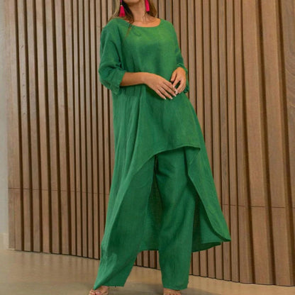 Conjunto de top y pantalones anchos de manga larga irregulares de algodón y lino de color liso informal para mujer