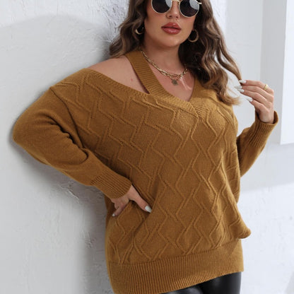 Suéter de punto informal para mujer, talla grande, para invierno y otoño, color liso, con hombros descubiertos