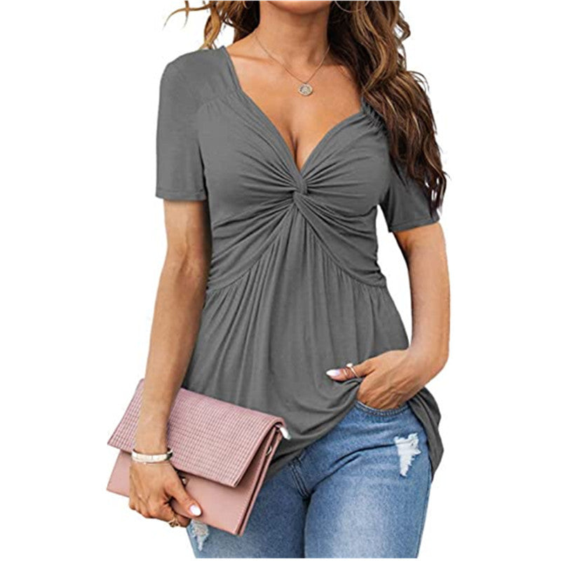 Blusa informal plisada de manga corta con cuello en V y color liso para mujer