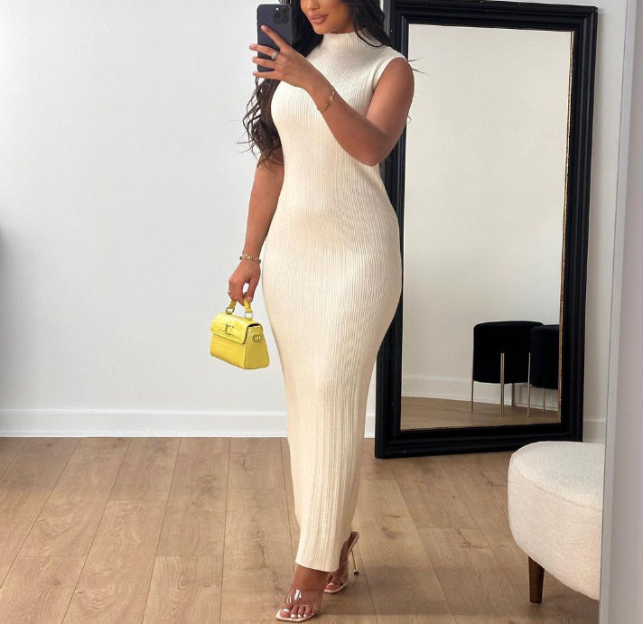 Vestido informal de punto sin mangas con cuello redondo para mujer
