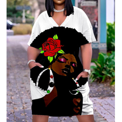 Women Casual Graffiti Printed Vintage 3D Pocket Loose Plus Size Dress