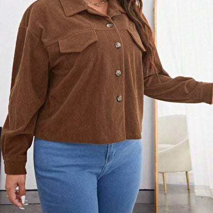 Chaqueta informal de pana con solapa y botonadura sencilla para mujer, talla grande
