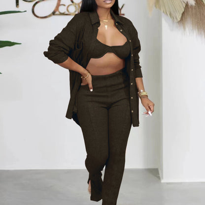Conjunto informal de tres piezas para mujer: sujetador y camisa de manga larga con solapa y pantalón con abertura