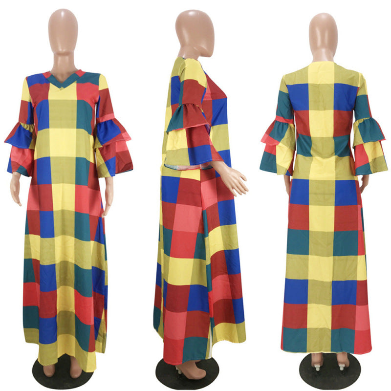 Fashion Women Casual Elegant Multicolor Plaid V Neck Long Lantern Sleeves Long Maxi Dress