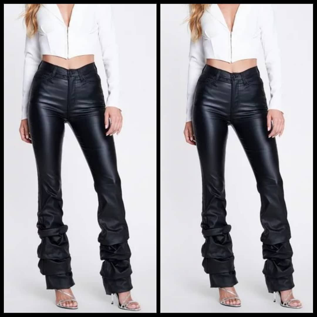 Women Fashion Casual Creased PU Pants