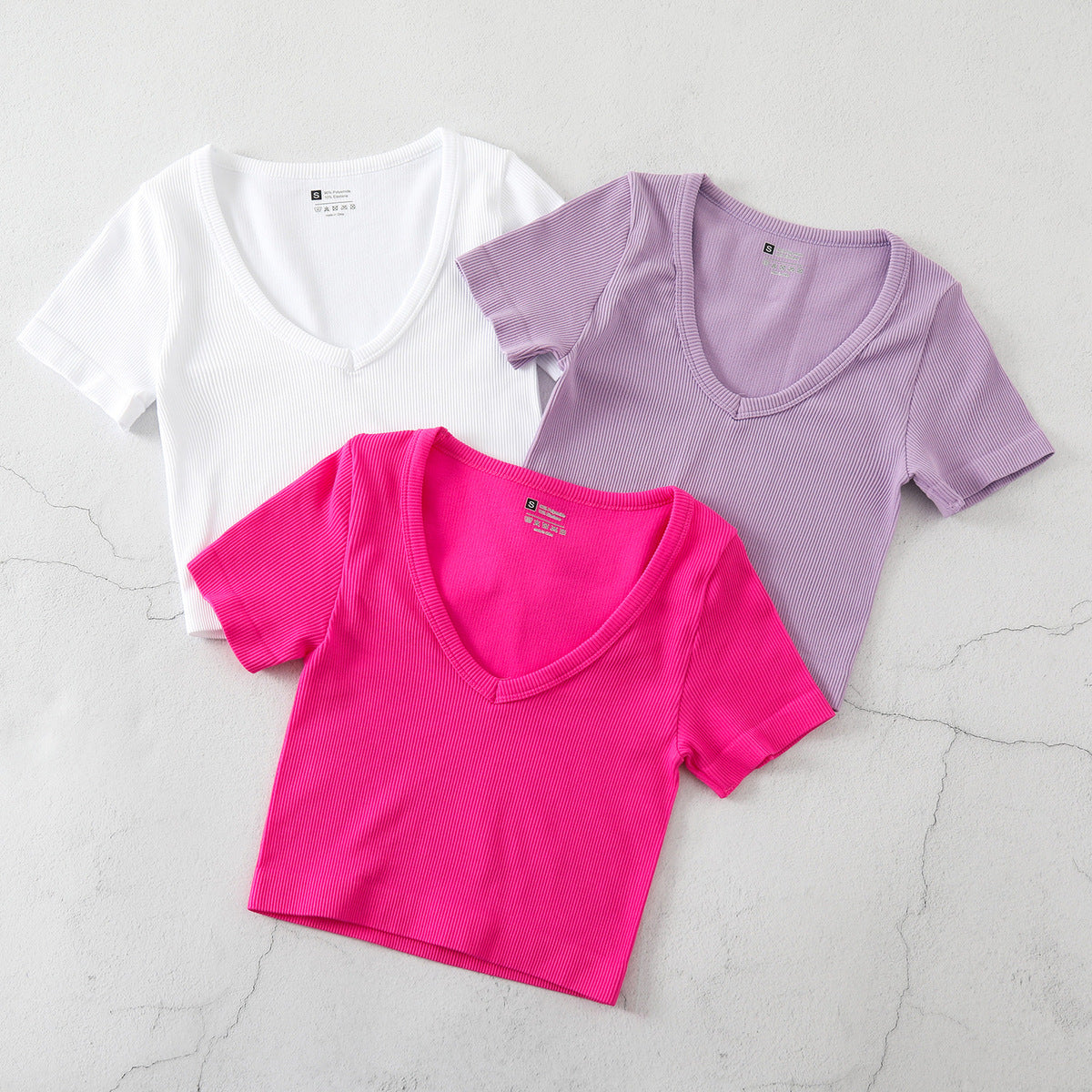 Women Fashion Casual Solid Color V-Neck Short-Sleeve Seamless Yoga Sports T-Shirt