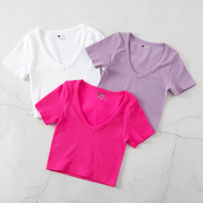 Women Fashion Casual Solid Color V-Neck Short-Sleeve Seamless Yoga Sports T-Shirt