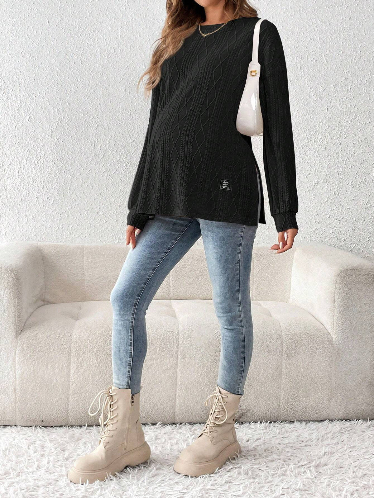 Pregnant Women Fashion Casual Solid Color Textured Crewneck Long Sleeve Split Top