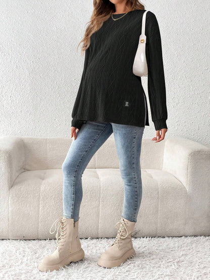 Pregnant Women Fashion Casual Solid Color Textured Crewneck Long Sleeve Split Top