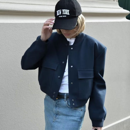 Chaqueta informal de manga larga con bolsillos de color liso a la moda para mujer
