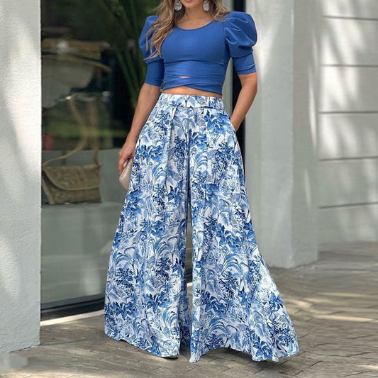 Conjunto de top informal con mangas abullonadas y pantalones anchos para mujer