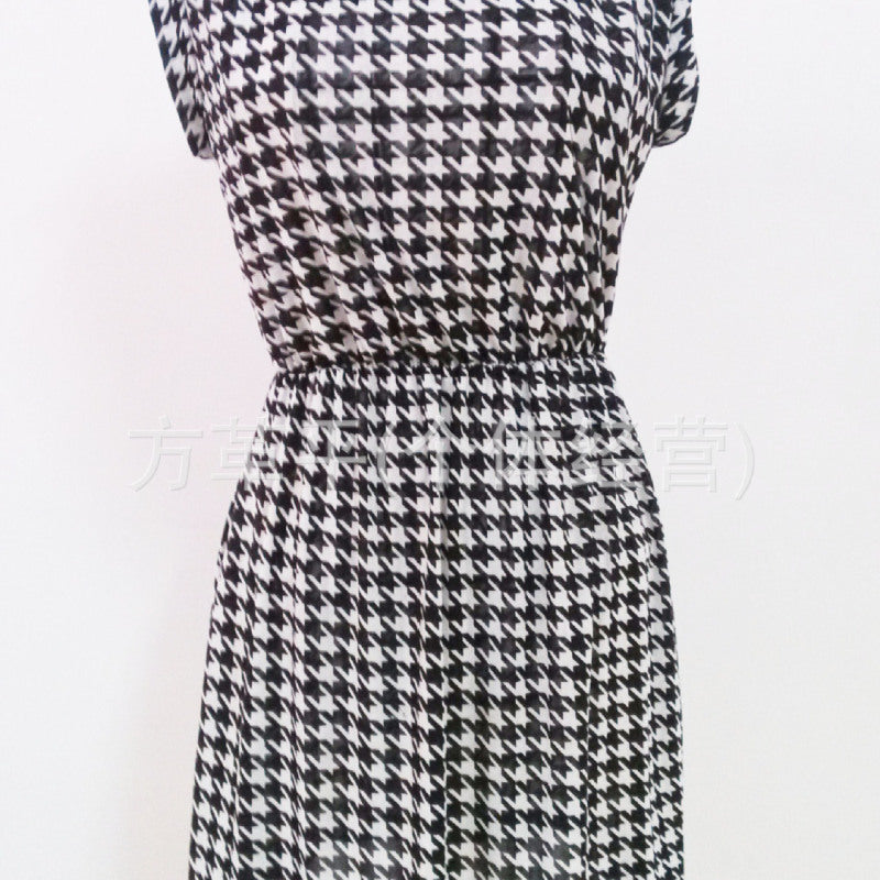 Vestido sexy de discoteca con estampado de leopardo y pata de gallo para mujer, informal, de manga corta y cuello redondo