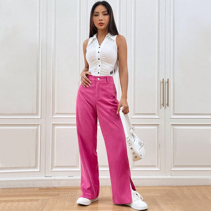 Women Fashion Casual Solid Color Corduroy Straight Leg Pants
