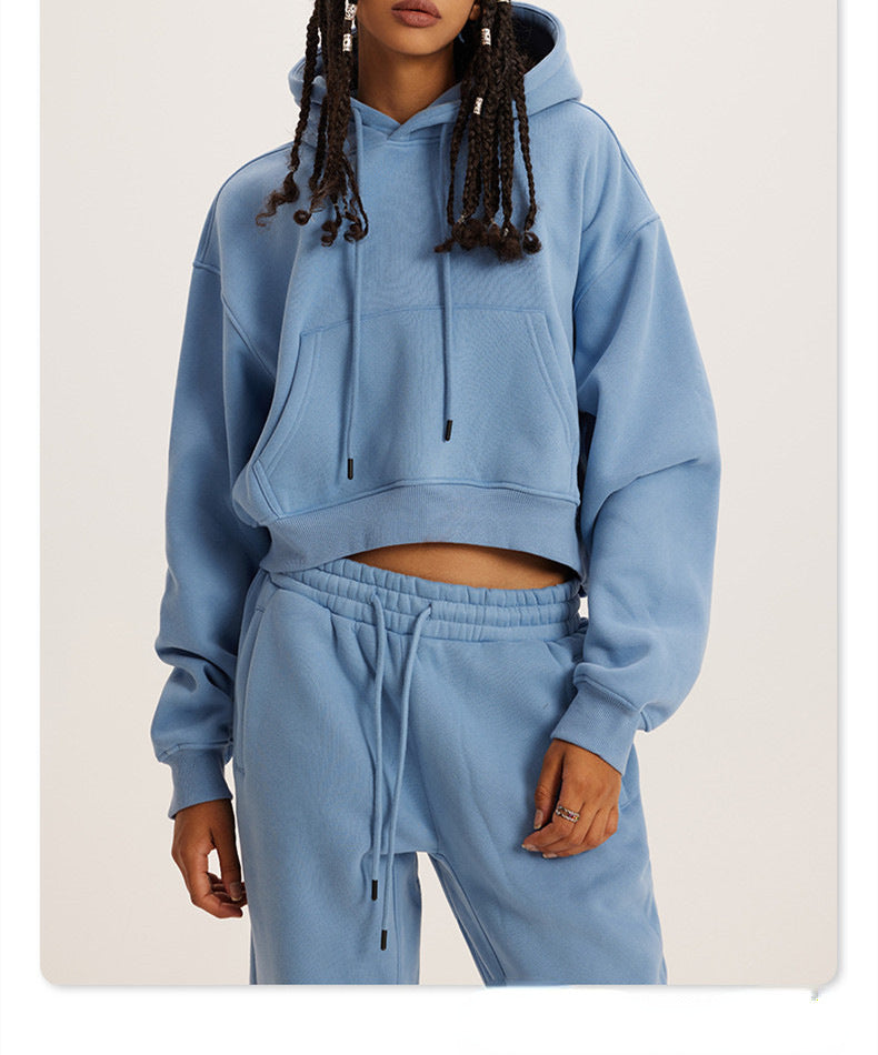 Athleisure Casual Fashion Solid Color Pullover Drawstring Pocket Hoodie Pants Set Women Sports Set