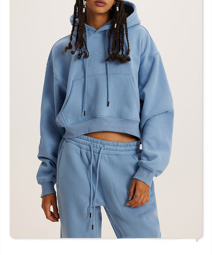 Athleisure Casual Fashion Solid Color Pullover Drawstring Pocket Hoodie Pants Set Women Sports Set