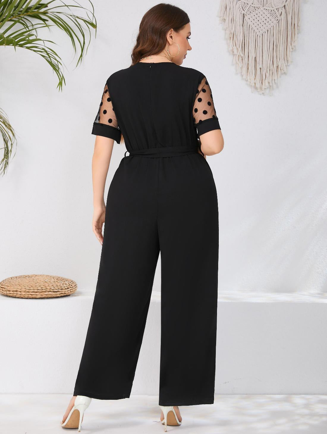 Women Fashion Casual Plus Size Lace Stitching V-Neck Short-Sleeve Lace-Up Jumpsuits