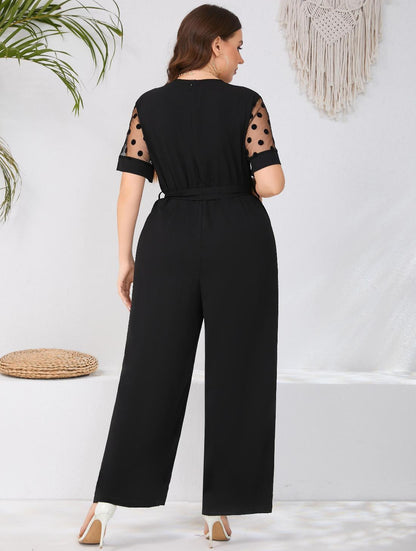 Women Fashion Casual Plus Size Lace Stitching V-Neck Short-Sleeve Lace-Up Jumpsuits