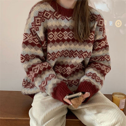 Loose Casual Rhomboid Jacquard Women Knitted Winter Autumn Sweater