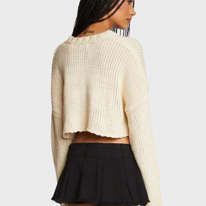 Top corto de manga larga de punto con estampado de estrellas y cuello redondo informal para mujer Otoño Invierno