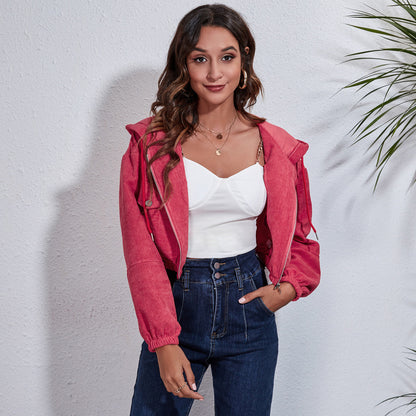 Women Autumn Casual Hoodie Corduroy Loose Long-sleeved Solid Color Crop Shacket