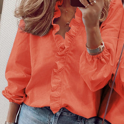 Blusa informal con cuello en V y mangas farol con volantes para mujer