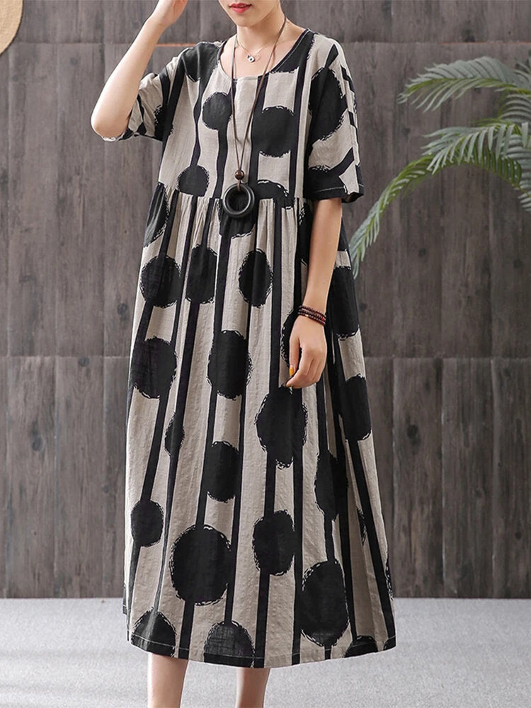 Women Casual Elegant Polka Dot Print Round Neck Short Sleeves Plus Size Loose Dress