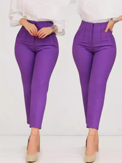 Pantalones casuales de cintura alta de color sólido para mujer