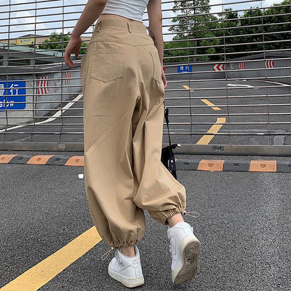 Women Khaki Strappy Overalls Loose Straight Casual Wide-Leg Jogger Pants