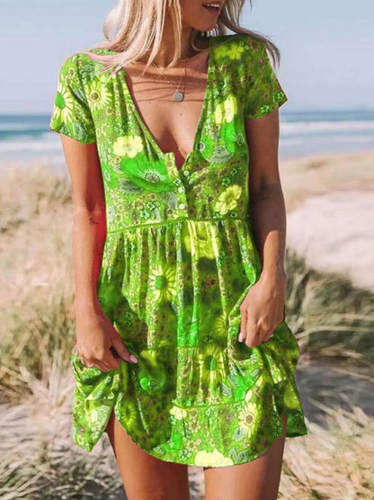Women Casual Floral Printed V-Neck Short Sleeves Ruffled Dress