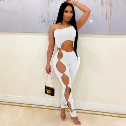 Women Summer Sexy Tight Casual Solid Color Hollow Jumpsuit