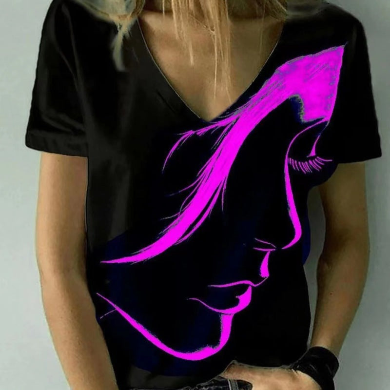Camiseta básica de verano con cuello en V y estampado 3D de personajes informales para mujer