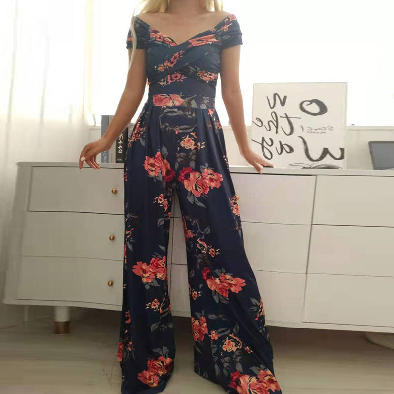Women Elegant Off-shoulder Floral Print Casual High Waist Wed Leg Jumpsuits