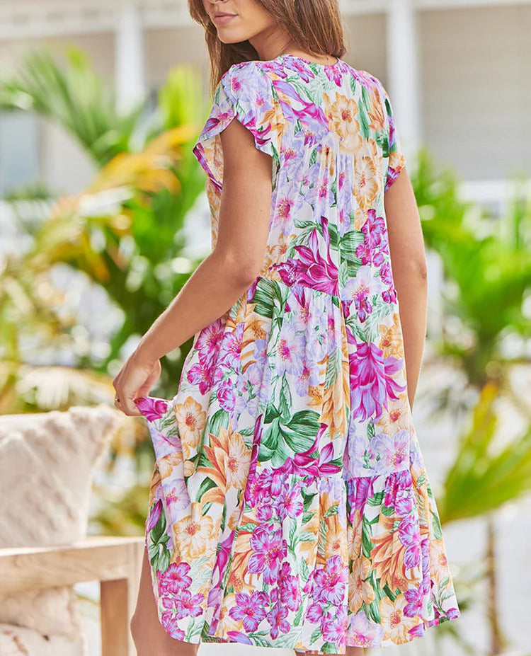 Vestido informal de manga corta con cuello en V y estampado floral para mujer