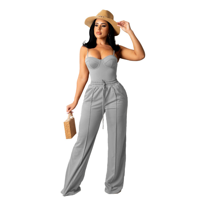 Conjunto de camiseta y pantalón recto de verano para mujer, informal, de color liso