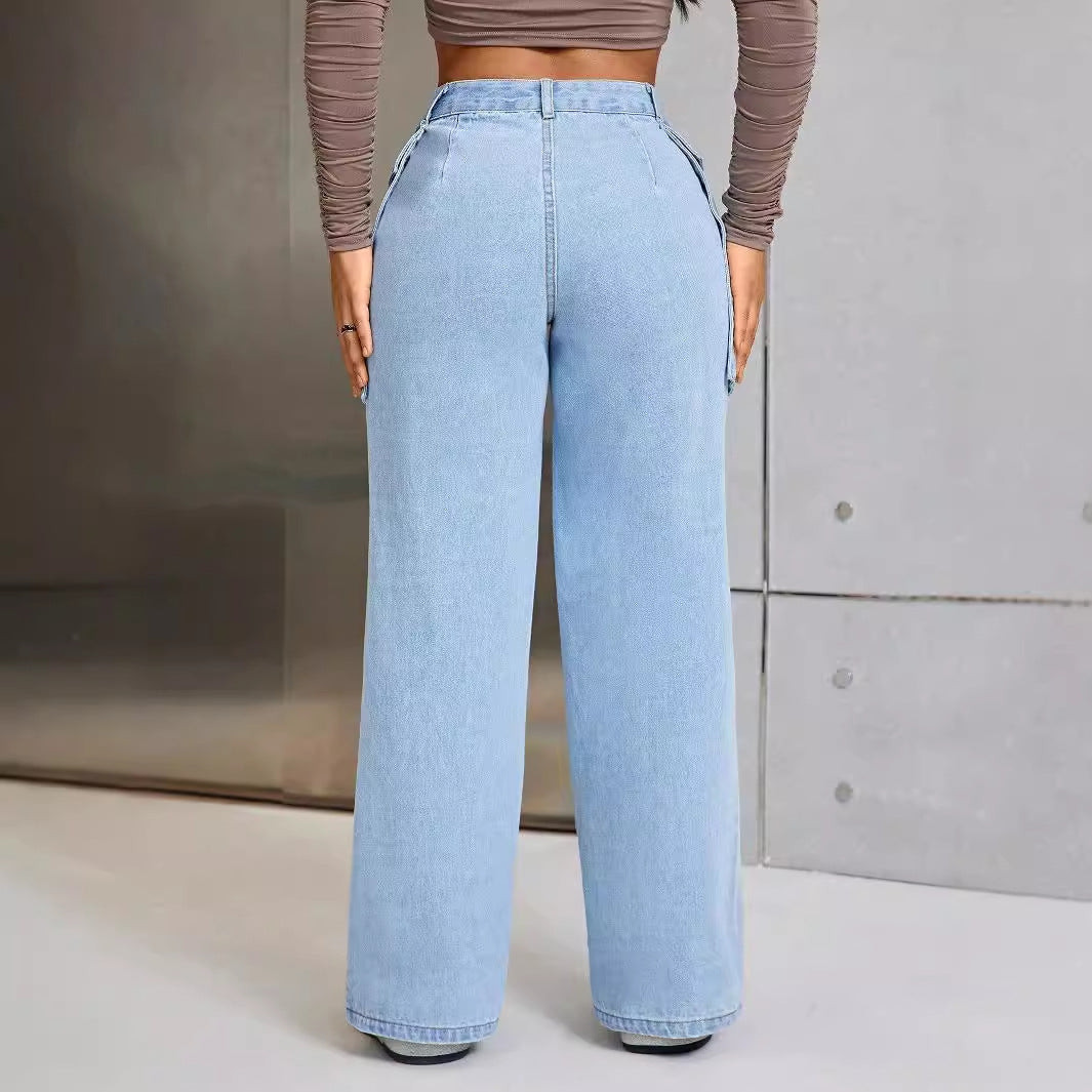 Vaqueros casuales de pierna ancha con bolsillos grandes para mujer