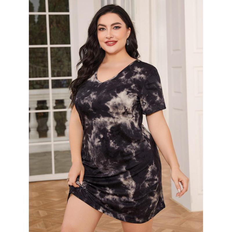 Plus Size Women Casual Loungewear Tie-Dye Print Backless Short Sleeve Dress