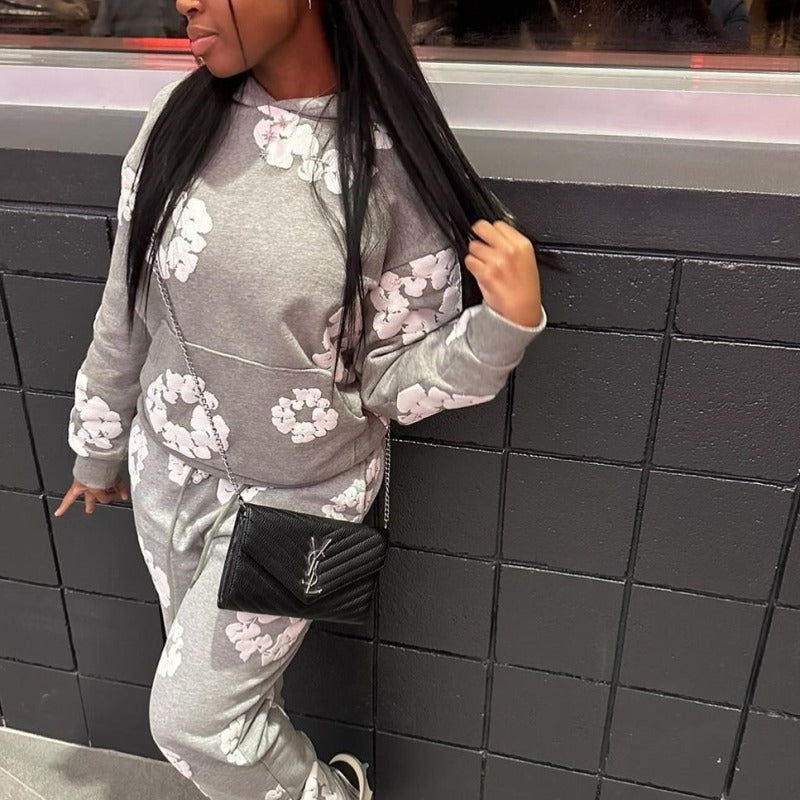 Women Fashion Casual Floral Printed Hooded Long-Sleeved Sweatshirt Pants Two-Piece Set