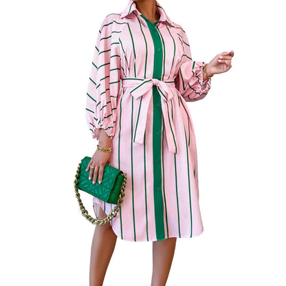 Fashion Women Stripe Print Casual Long Sleeve Lapel Shirt Dress