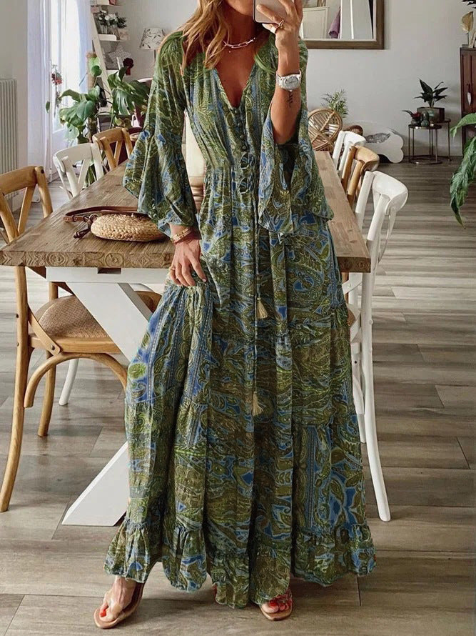 Vestido largo informal bohemio con estampado de flores diminutas y cuello en V y mangas abullonadas para mujer