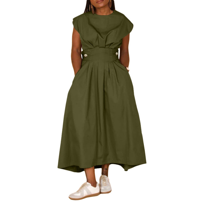 Vestido informal de nailon holgado con cuello redondo y vuelo grande para mujer, color liso