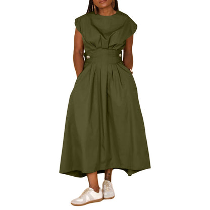Vestido informal de nailon holgado con cuello redondo y vuelo grande para mujer, color liso