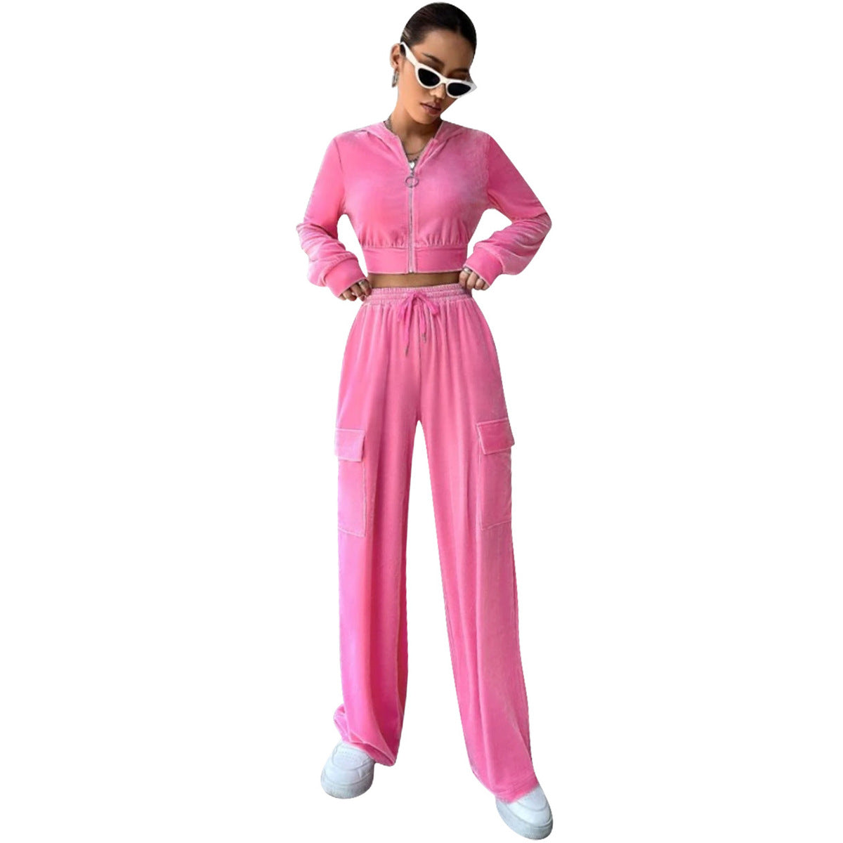 Women Casual Solid Color Long-Sleeved Zipper Top Drawstring Straight Pants Two-Piece Set