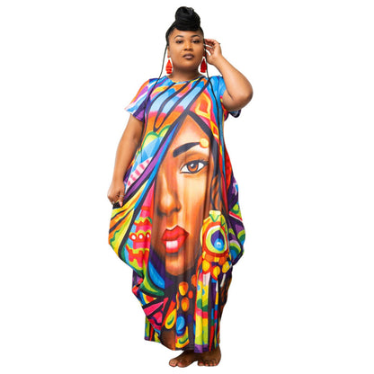 Plus Size Women Casual Boho Graphic Print Short Sleeve Loose Maxi Dress