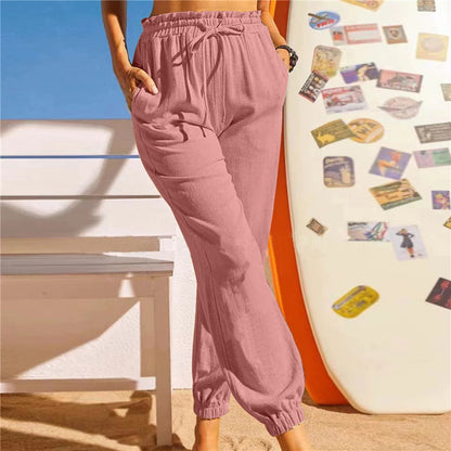 Women Fashion Casual Solid Color Elastic Waist Jogger Pants